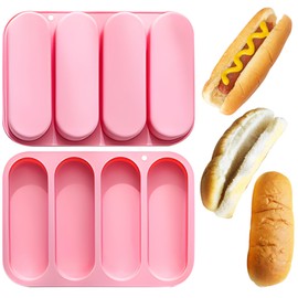 Heyiminy Hot Dog Bun Pan, Silicone Hotdog Bun Pan, Non-Stick Hot Dog Bun Mold 4 Cup Bread Forms Crispy Mini Baguette Sandwich Baking Tray for Hot Dog Bun Rolls