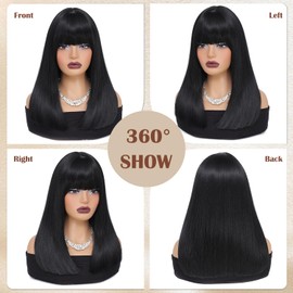 XCHJH Short Bob Wigs with Bangs Straight Black Wigs for Women 16inch Glueless Synthetic Wig Shoulder Length Hair Heat Resistant Bob Wigs for Women Natural Looking Hair for Daily Use