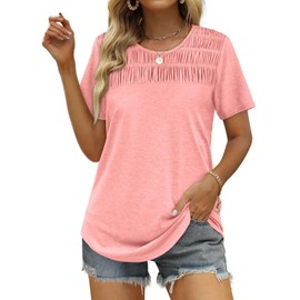 OFEEFAN OFEEFAN Spring Tops Womens 2025 Casual Pleated Crewneck T-Shirt Fashion Plain Coral L