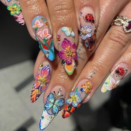 Flower 3D Almond Tip Press on Nails Long Length Colorful Floral and Butterfly Pattern Design French Tip Acrylic Fake Nail Full Cover Blossom Artificial Fingernails Handmade Glue on Nails for Women