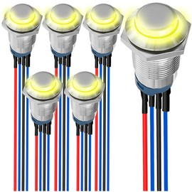 MKBKLLJY 6Pcs 12mm Momentary Yellow LED Push Button Switch Sliver Shell DC 12V 3A 4Pin 1NO SPST IP65 Waterproof Round Metal Switch Stainless Steel Button with Pre-Wiring for Car Marine Boat