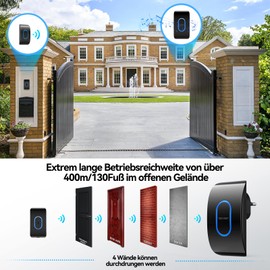TECKNET Wireless Bell, Waterproof Doorbell Wireless Set, Over 400 m Wireless Range, Wireless Doorbell Kit, 60 Melodies, 5 Volume Levels, Wireless Doorbell with LED Display, Black