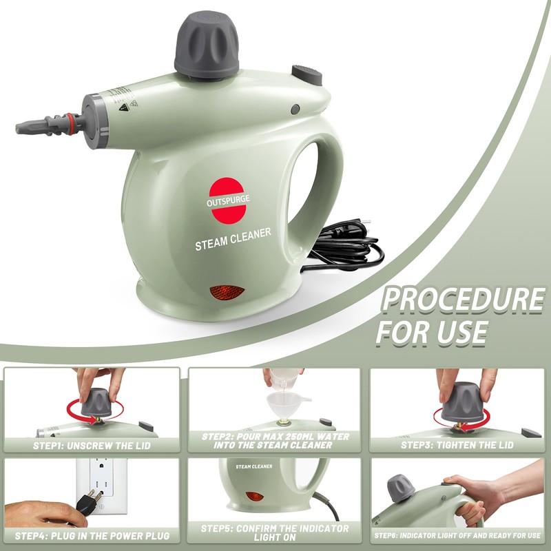 Outspurge Handheld Steam Cleaner, Pressurized Multi-Surface Steam Shot with 13