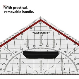 Westcott 22 cm Set Square with Removable Handle | Transparent Plastic Set Square with red Scale | Technical Scale & Protractor for School, University or Office | E-10142 00