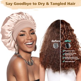 Adubor Silk Bonnet for Sleeping Women Men - Larger Double Layer Satin Bonnet - Non-Slip Silk Turban - Hair Bonnets for Sleeping - Sleep Cap for Curly Hair (Black+Beige)