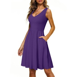 HUHOT Dark Purple Dress for Women Knee Length Daphne Costume Dress Womens Sleeveless Business Casual Dress V Neck with Pockets Plus Size