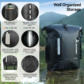MARCHWAY Roll Top Waterproof Backpack, Floating Dry Bag 20L/30L/45L with Ergonomic Rectangular Base, Cushioned Back, Hip Strap, Gear Loops, MOLLE for Hiking Camping Kayaking Travel (Black, 20L)