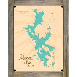 Northwest Art Mall Moosehead Lake Maine Map Metal Print on Reclaimed Barn Wood from Illustration by Lakebound 8.5" x 11.5"