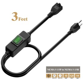 3-Feet Waterproof Extension Power Cord, in-Line On-Off Switch Extension Cable, SJTW 14AWG 3C Waterproof,Max.20A 125V Heavy Duty Inline Switch AC Power Cord