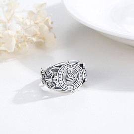 YueYuan Viking Rune Ring 925 Sterling Silver Crow Rings Viking Raven Signet Ring Animal Ring for Men Viking Jewellery Gifts, Sterling Silver, No Gemstone