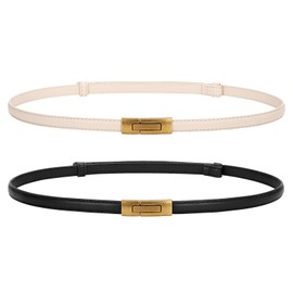 WERFORU Women's Skinny Leather Belt Adjustable Thin Waist Belt Decorative Belt for Dresses Jeans Coat with Gold Twist Buckle, Black and beige