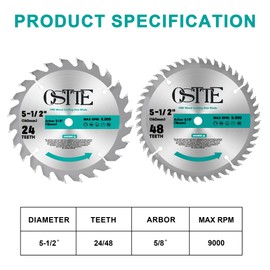 OSTTE 5-1/2 Inch Circular Saw Blade 24T&48T, 5/8 Inch Arbor, Alternate Top Bevel Saw Blades for Cutting Wood, 2 Pack
