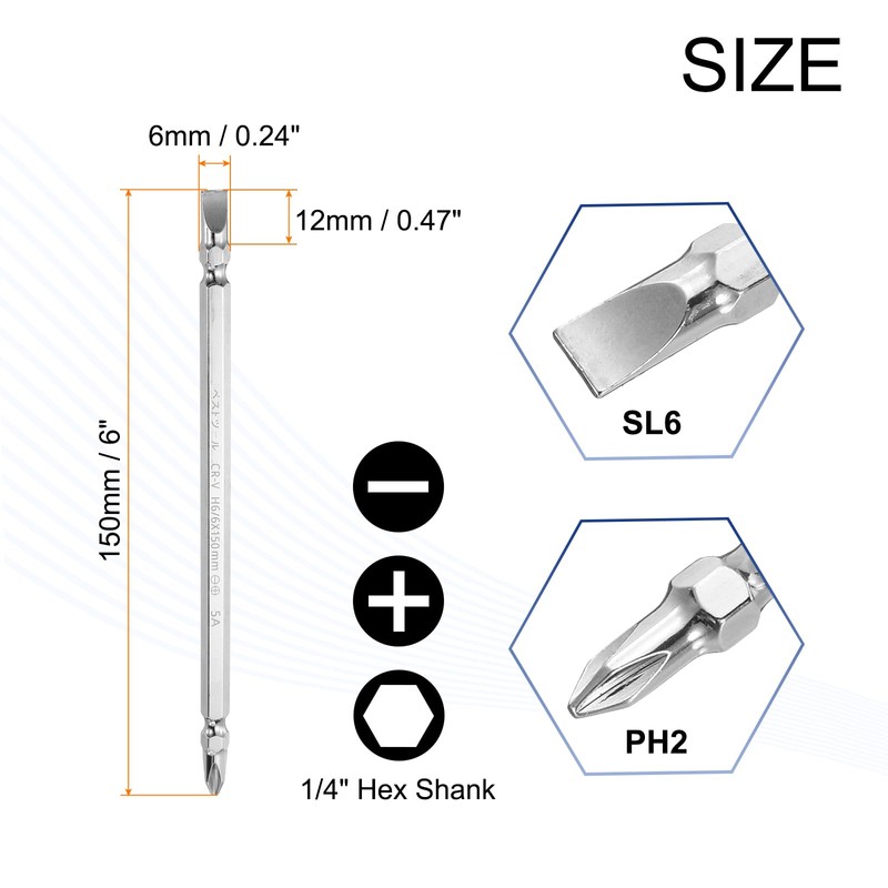 sourcing map Magnetic Double Ended Screwdriver Bit 6mm PH2/SL6 6"/150mm