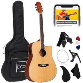 Best Choice Products Beginner Acoustic Electric Guitar Starter Set 41in w/All Wood Cutaway Design, Carrying Case, Strap, Picks, Cable - Natural