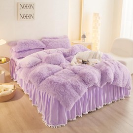 HAIHUA Lavender Fluffy Comforter Set, Fluffy Plush Shaggy Duvet Cover + 1 Plush Pillow Cases, Velvet Bedding Twin Bed Set, Zipper Closure