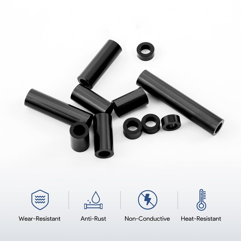 250PCS Black Nylon Round Spacer Assortment Kit ID 6MM OD
