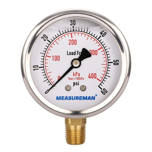 MEASUREMAN Lead-Free Pressure Gauge, 2-1/2inch Dial, Glycerin Filled, 0-60psi/kpa, Stainless