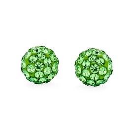 Light Lime Green Pave Crystal Disco Ball Stud Earrings for Women and Teens - Round, Simple, Basic Design - .925 Sterling Silver - 8MM