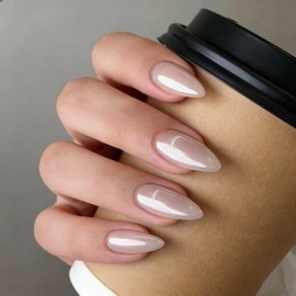 FJSMTOPl White Press on Nails - Medium Almond Fake Nails - with Designs Pearl White False Nails Press ons - Glue on Nails Chrome - Cute Acrylic Nail Artificial Stick on Nail for Women 24Pcs