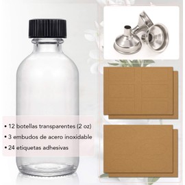 U Chef Juego de 12 Botellas de Vidrio Transparente Pequeñas con Tapas de 2 onzas, Botellas de Muestra, Botellas para Agua, Jugo, Refrigerador, Mini Botellas de Viaje Herméticas