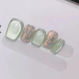 Cat Eye Press on Nails Short Square Fake Nails Nude False Nails with Simplicity Designs Full Cover Acrylic Stick on Nails for Women Girls Nails Decorations Manicure 24 Pcs