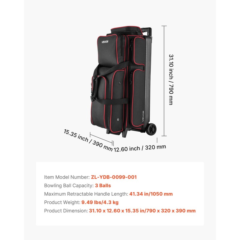 VEVOR Bowling Ball Bag, 3 Ball Double Roller Bowling Bag