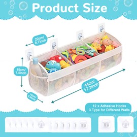 Bath Toy Storage Net, Bathtub Toy Tidy Hanging Organiser Bag, Bath Toy Holder Mesh Bags, 3 Compartment Horizontal Large Openings Bath Toy Organizer with 2 Side Pockets