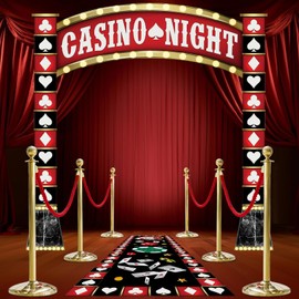 Ticuenicoa Casino Night Porch Banner Set - 2PCs 41.66x98.4in Poker Signs with 180x28.7in Hanging Banner & 23.6x70.9in Mat, Includes Tape & Ropes for Vegas Theme Party Decor