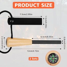 2 Sets Flint and Steel,Magnesium Stick Fire Starter with Wooden Handle and Compass,Reusable Ferro Rod Fire Stick,Wild Camping Equipment,Fire Starter Kit for Travelling Camping Hiking