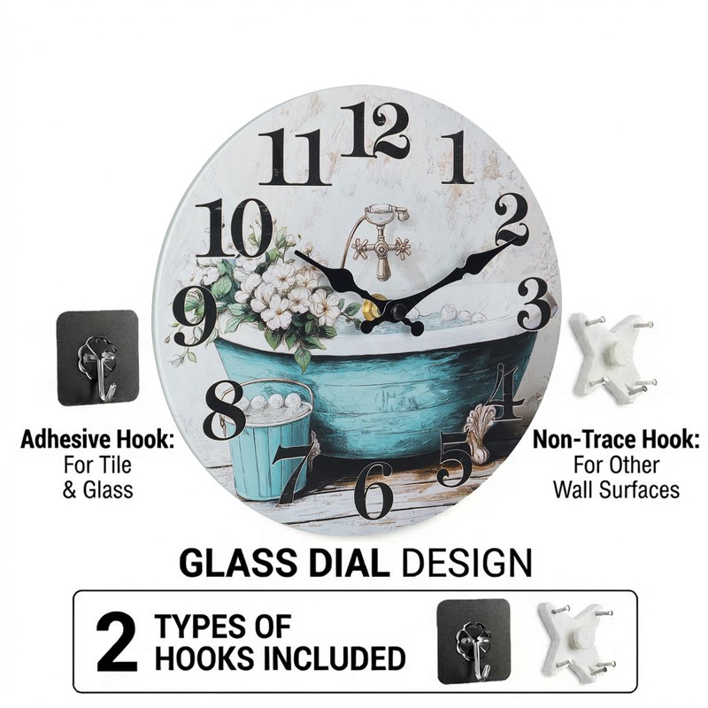 Horizent Silent Wall Clocks for Bathroom,Rustic Style Waterproof Glass Wall
