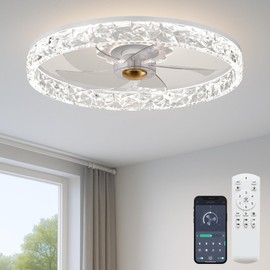 Fszdorj 20'' Ceiling Fan with Light, Upgraded Low Profile Fan, Flush Mount Ceiling Fan, 6 Speeds, Dimmable LED, App & Remote Control, Quiet DC Motor, for Bedroom, Living Room, F098 White