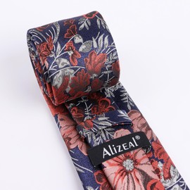 Alizeal Mens 3.35inches Large Floral Pattern Necktie and Printed Pocket Square Set, Navy+Red+Coral