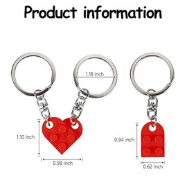 FiveMileBro 2 Pairs of Key Fob Heart, Partner Keyring, Red Heart-Shaped Key Ring, Small Key Ring, Building Block Key Ring, Anniversary Gift Couple, red