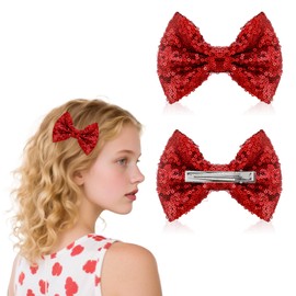 2 PCS Red Glitter Bows, 4.33 in Embroidered Sequin Hair Bow Bling Hair Accessories Hairs Bows for Women Girls Kids Teens Valentines Christmas Birthday Gift Party Dress