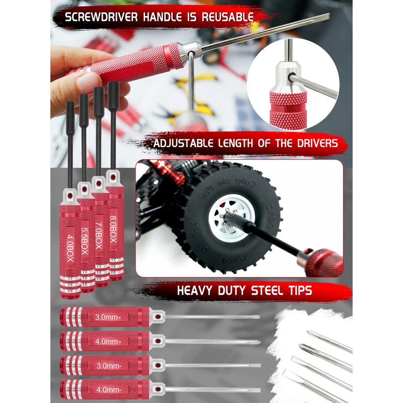 RC Tool Kit Screwdriver Set (Flat, Phillips, Hex) Metal Holder,
