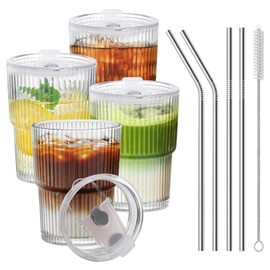 HIGIINC Iced Coffee Cups with Lids 4 Pcs, 13 OZ Glass Cups with Lids and Straws, Reusable Ribbed Glasses Drinking Set, Clear Cute Aesthetic Glass Tumbler for Home Kitchen Office Travel