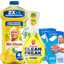 Bleam Cleaning Set - Mr Clean 2X Concentrated Lemon Scent 41 Oz + Mr Clean Freak Multi Surface Spray Lemon Scent 16 Oz & 2 Pack Original Magic Cleaning Eraser Sponge - Multi-Purpose Cleaning Bundle