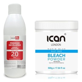 Ican London Hair Pro Cream Peroxide 20 Volume, 1L, Blue Powder Bleach, 500g, Professional Hair Bleaching Kit