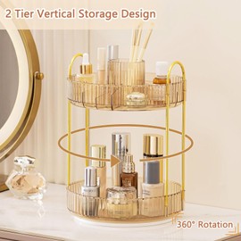 ROLIZOE 360 Rotating Makeup Organizer for Vanity 2 Tier Lazy Susan Bathroom Organizer Countertop Spinning Skincare Perfume Organizer Cosmetic Organizer with Makeup Brush Holder for Dresser, Gold