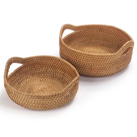 Rattan Storage Basket, Hand Woven Fruit Basket with Handles, Wicker Serving Basket, Bread Basket, Decorative Baskets for Organizing, Set of 2