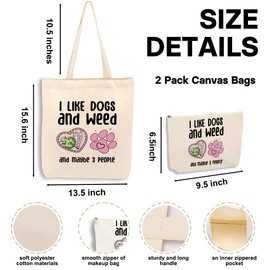 Weed Gifts Dog Gifts，2PCS Makeup Cosmetic Bag Canvas Tote Bag Beach Bag for Shopping Work Office Weed Accessories Green Leaves Decor Dog Mom Gift for Women Friend Girl Birthday Friendship Christmas