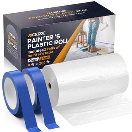 Plastic Drop Cloths, 200' Length x 9' Width Painter's Plastic Film with 2 Rolls Painter's Tape - Disposable Painter's Sheeting & Tarps for Painting Supplies, Furniture/Couch/Floor Protection
