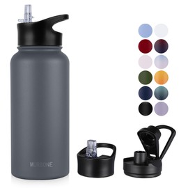 MURBONE Stainless Steel Drinking Bottle 1 Litre (+ 2 Lids) with Straw, BPA-Free, Leak-Proof, Suitable for Carbonated Drinks, Thermos Flask, Vacuum Double Wall Insulation for Sports, Travel, Camping