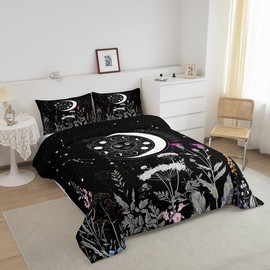 Feelyou Sun and Moon Decor Bedding Set Twin Size Girl Bohemian Comforter Sets for Kids Boys Boho Exotic Style Black and White Cute Galaxy Stars Comforter Branches Plants Quilt Set with 1 Pillowcase