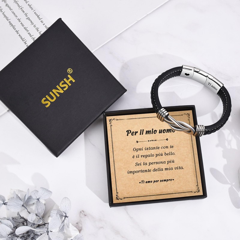 SUNSH Men's Braided Leather Bracelet for Boyfriend, Dad, Man, Son,