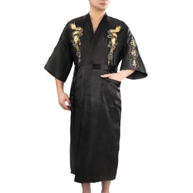 Bon amixyl Men’s Dressing Gown Bathrobe Satin Silk Bath Robe Kimono Gown Dragon Embroidery Yukata Hakma Vintage Black