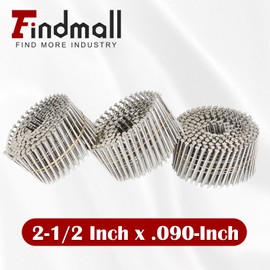 findmall 3600 Count 2-1/2 Inch x .090-Inch Ring Shank 304 Stainless Steel Siding Nails 15-Degree Collated Wire Coil Siding Nails for Cement Board Siding or Fencing Applications