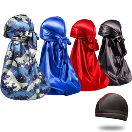 4 piezas de tela sedosa para hombres 360 olas, diseñador Do Rag, premio 1 Wave Cap, Bluewave Azul Negro Rojo, Medium