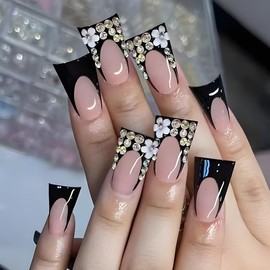Black French Press on Nails Medium Length Fake Nails with Duckbill Shape Design Full Cover Glossy Artificial Nails 3D Rhinestone Glue on Nails Summer False Nails DIY Art for Women 24 Pcs