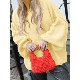 Saodimallsu Womens Oversized Cable Knit Sweater Chunky Mock Neck Long Lantern Sleeve Fall Trendy Tunic Sweaters Top Yellow